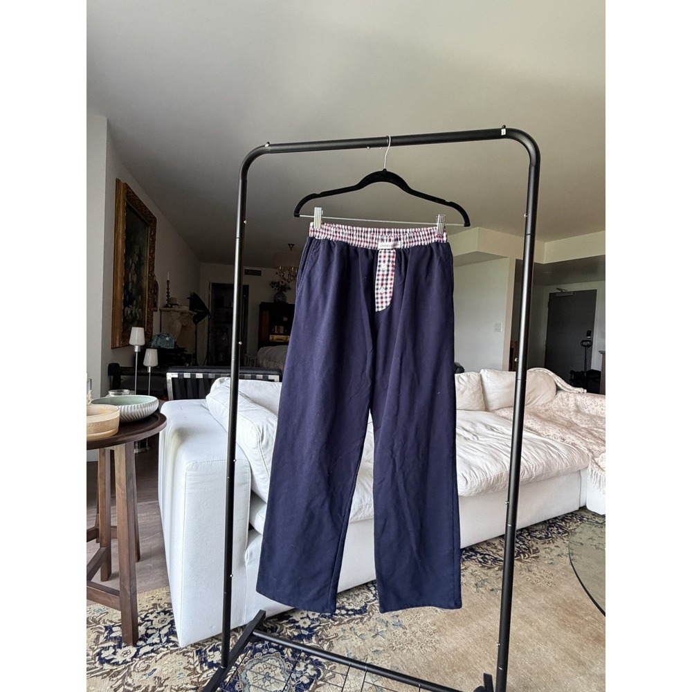 Hand Over Regular Navy Cotton Pants Button Fly Plaid Waistband